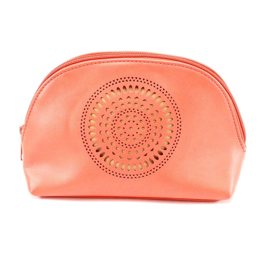 Neiman Marcus Makeup Case Salmon Faux Leather Laser Cut Medallion Domed Zipper